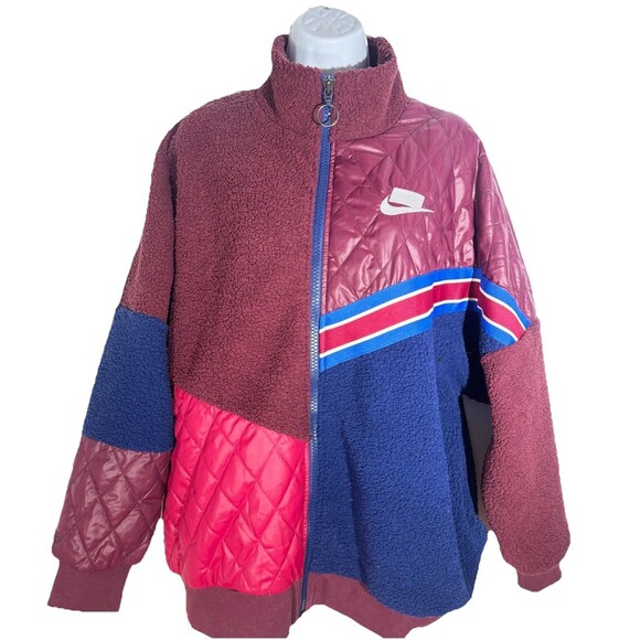Nike Sportswear Burgundy Colorblock Sport Pack Sherpa Track Jacket Women Small - Picture 1 of 11